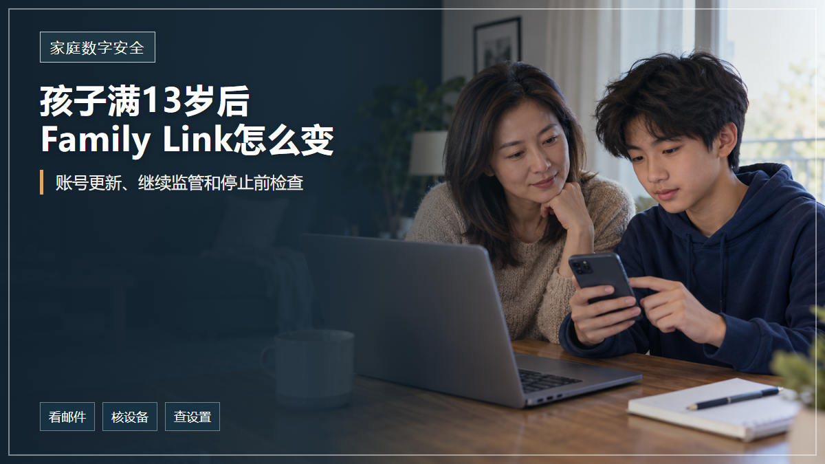 封面文字说明孩子满13岁后Family Link的账号更新与监管选择,华人母亲和青少年在家中一起查看手机和电脑