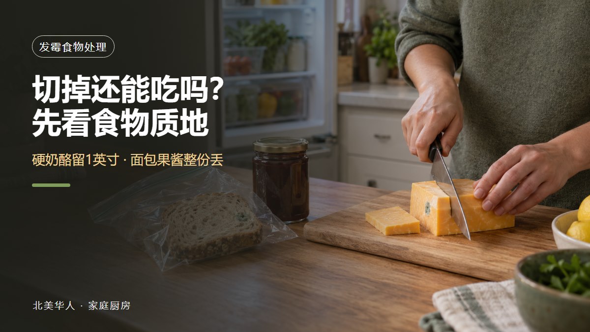 北美家庭厨房台面上,一双手正在切除硬质切达奶酪上的小块霉斑,旁边的发霉面包已装入丢弃袋,果酱罐单独放置