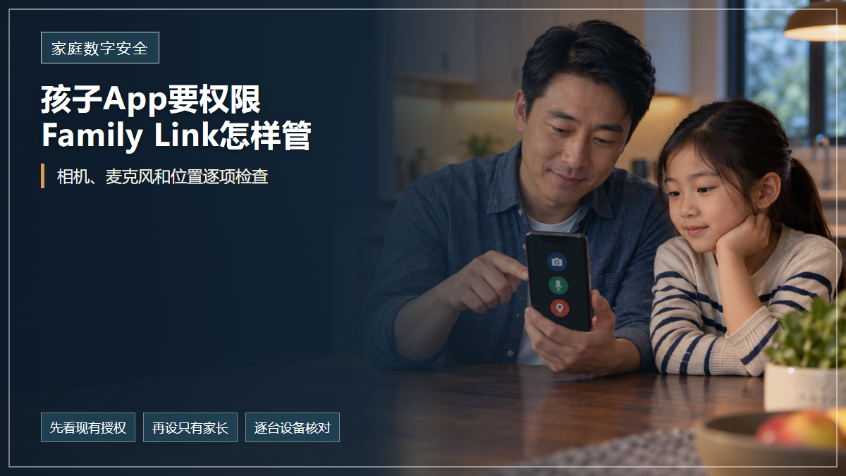 封面文字说明Family Link应用权限要逐项检查并可设为只有家长批准，一位华人父亲和女儿在家中查看手机上的相机、麦克风和位置图标