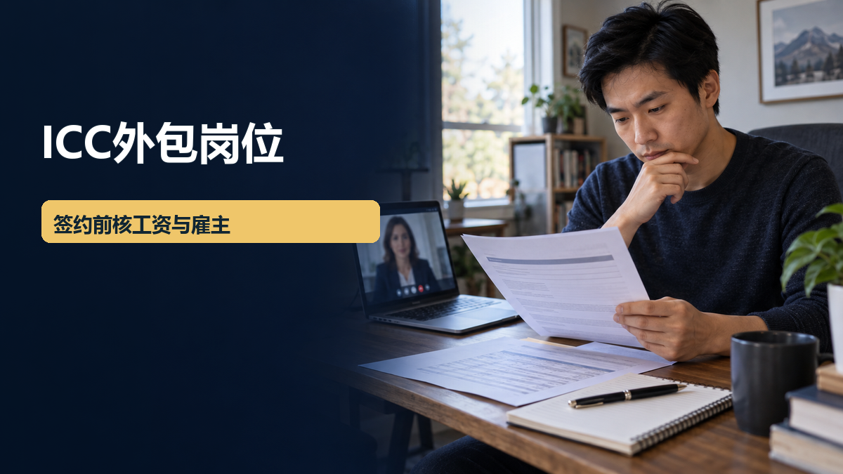 一名求职者在家中查看纸质工作邀约，旁边笔记本电脑显示通用视频面试画面；封面文字为“ICC外包岗位 签约前核工资与雇主”