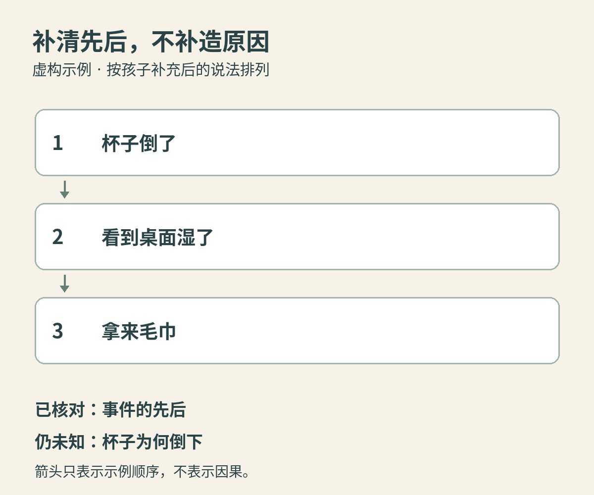 示例顺序：杯子倒了，看到桌面湿了，拿毛巾；杯子为何倒下仍未知。