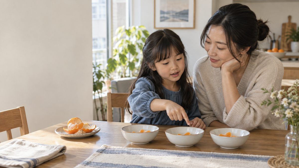 北美公寓餐桌旁，一位华人家长听孩子把橘子瓣分进三个碗，孩子指着碗说明自己的分法。
