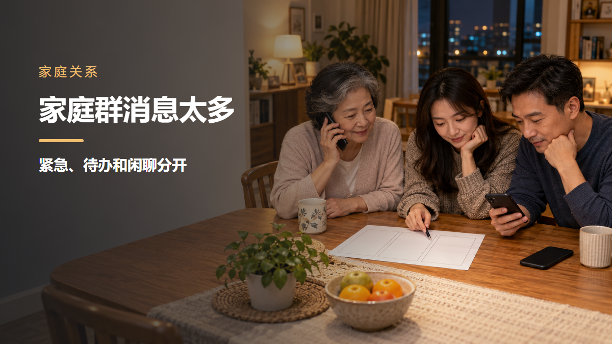 三名亚裔成年家人在北美住宅餐桌旁查看手机和三栏空白联络表