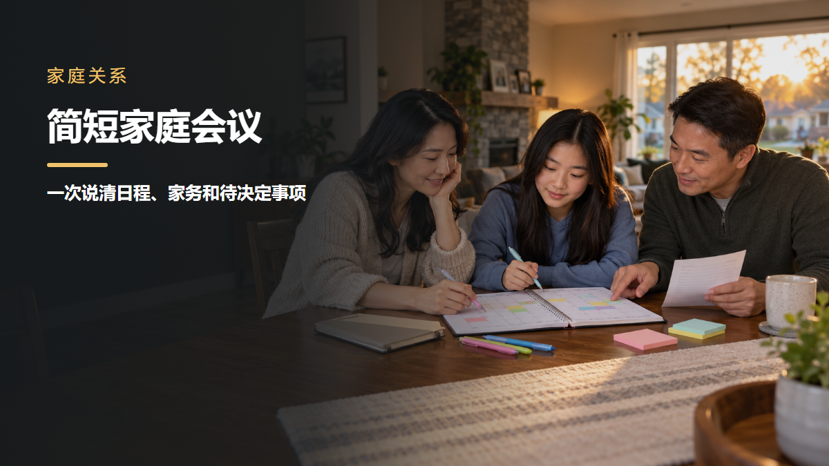 一家三口在餐桌旁查看家庭会议议程和本周日历