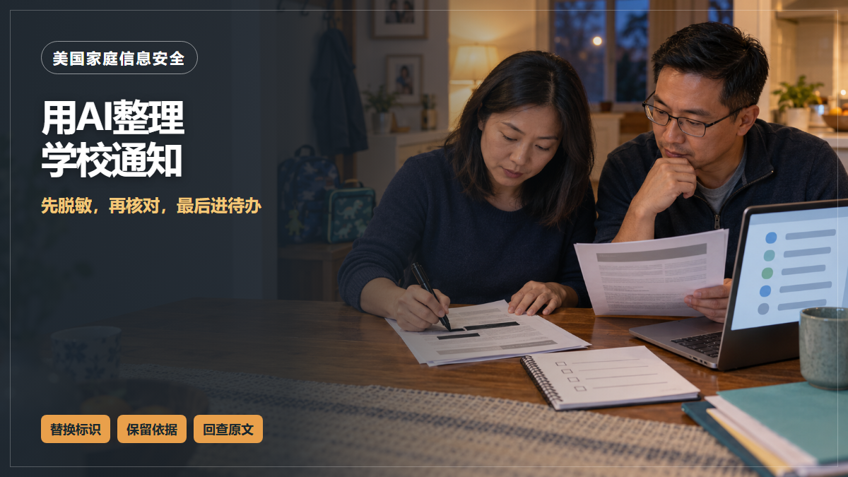 两位家长在餐桌旁用黑色标记遮住学校通知上的个人信息,并对照电脑和纸质行动清单