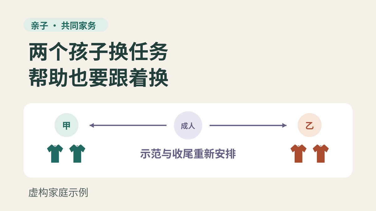 抽象示意图：甲和乙各以两个T恤形状表示自己的衣物，成人在中间向两人连接帮助箭头。标题为“两个孩子换任务，帮助也要跟着换”，标明虚构家庭。