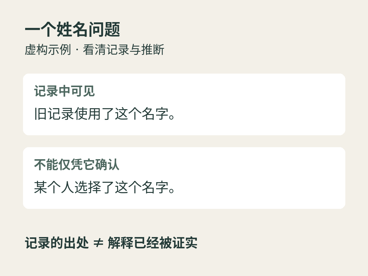 姓名虚构示例：记录用了名字，不能据此认定命名者。