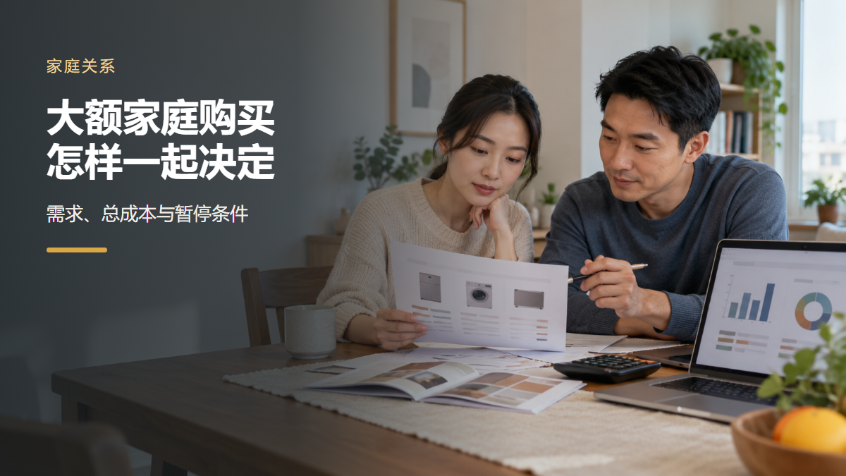 一对伴侣在家中餐桌旁比较一项大额购买的费用与条件