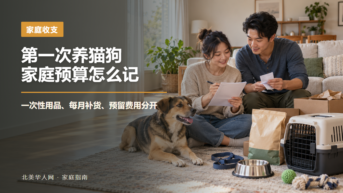 第一次养狗的家庭在客厅核对用品清单、收据和宠物基础用品的AI场景示意