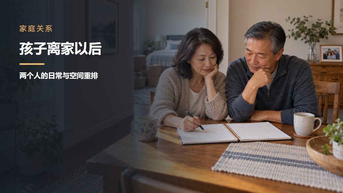 成年子女离家后,一对伴侣在餐桌旁安排两周日程