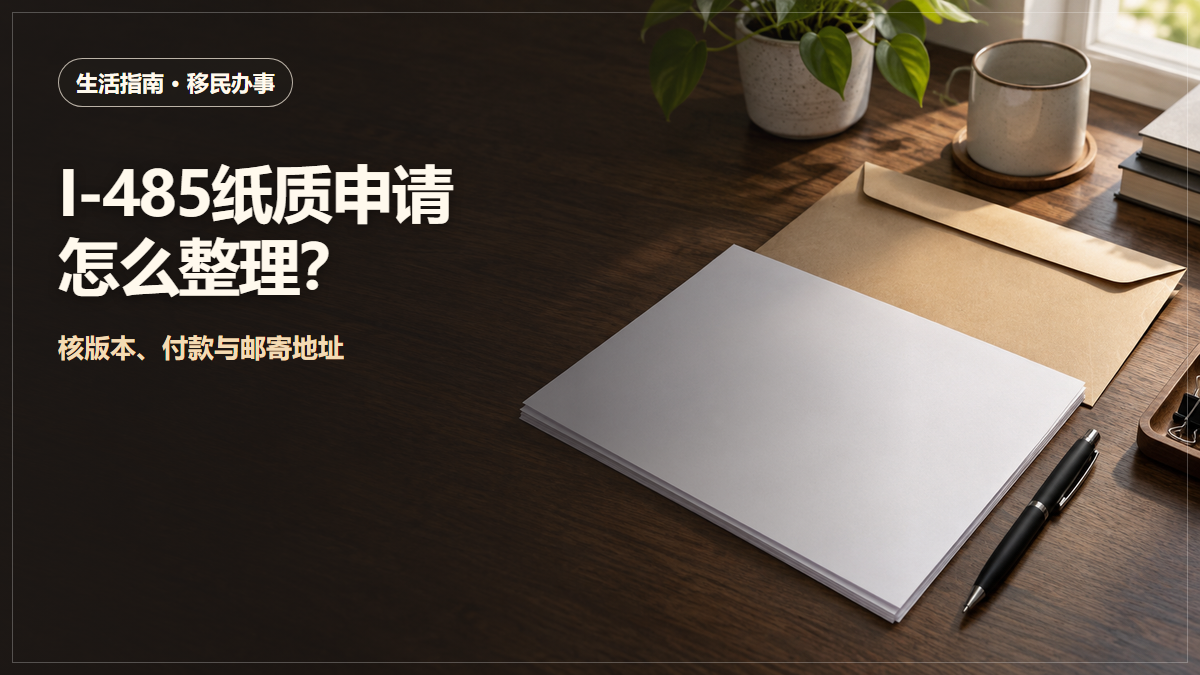家中桌面上叠放空白纸张、牛皮纸邮寄信封和黑色笔的I-485寄件准备示意场景