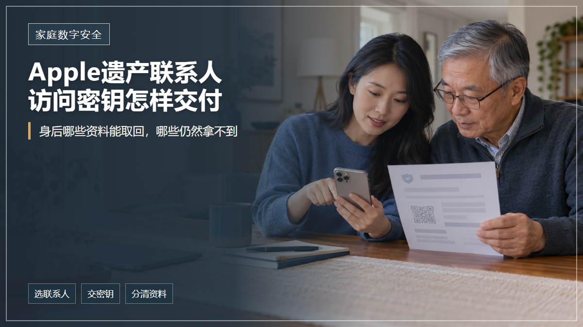 封面文字说明Apple遗产联系人的访问密钥交付，成年华人女儿和年长父亲在家中查看手机与纸质资料