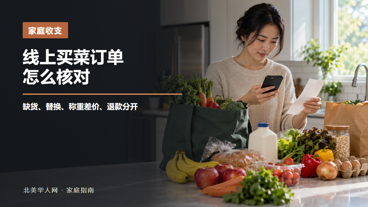 顾客在厨房核对线上杂货订单、收据和已送达食品的AI场景示意