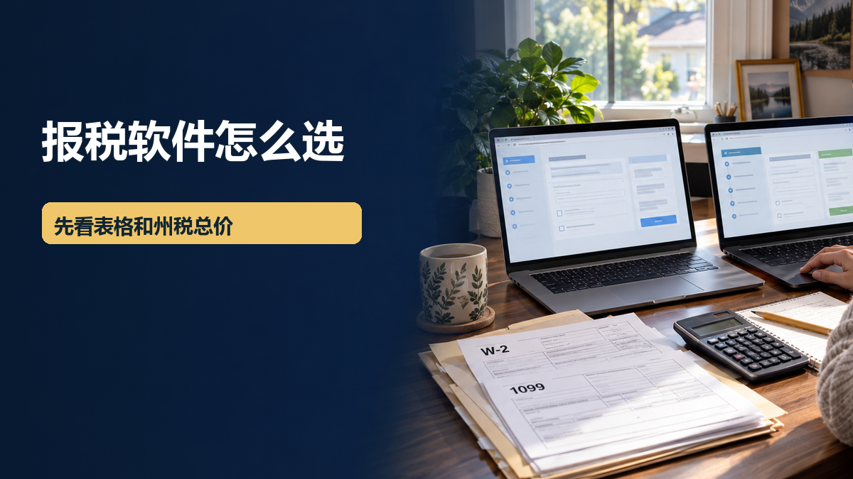 家中桌面放着标有W-2和1099的示意纸张、计算器与两台显示通用表单界面的笔记本电脑；封面文字为“报税软件怎么选 先看表格和州税总价”