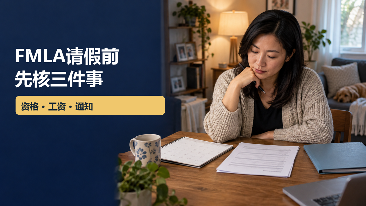 一名员工在家中查看日历和普通请假表格，旁边放着合上的文件夹；封面文字为“FMLA请假前 先核三件事 资格·工资·通知”