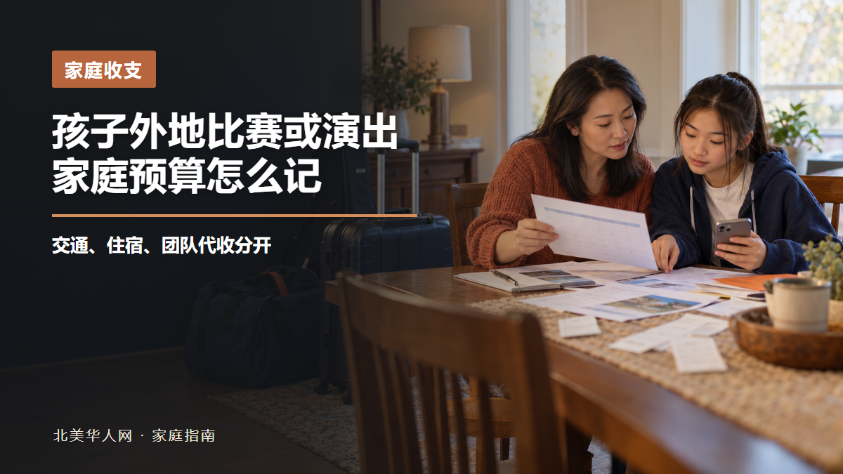 家长和孩子在家中核对外地比赛或演出行程、预订记录和收据的AI场景示意