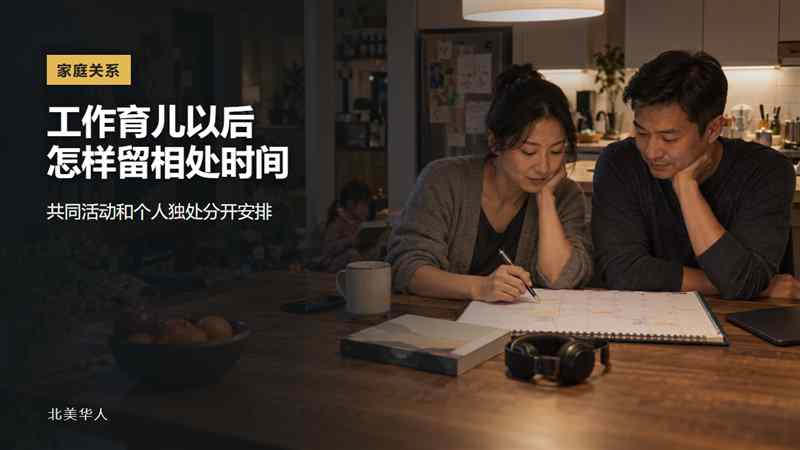 一对华人父母在孩子活动的客厅旁核对家庭日历，桌上放着书和耳机
