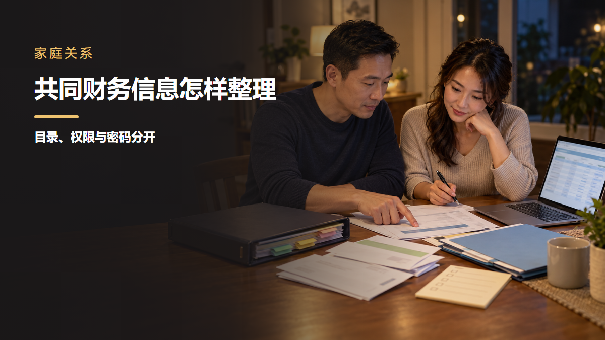 一对伴侣在家中整理账户账单和保单信息目录