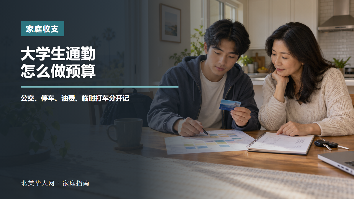 一位华人家长和大学生在餐桌前核对公交卡、课程表、车钥匙和通勤支出的AI场景示意