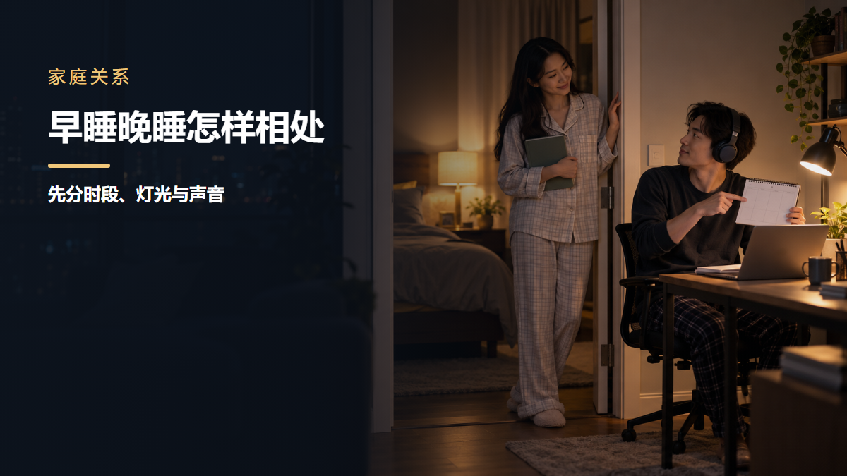一对伴侣在夜间卧室外商量早睡与晚睡时段安排