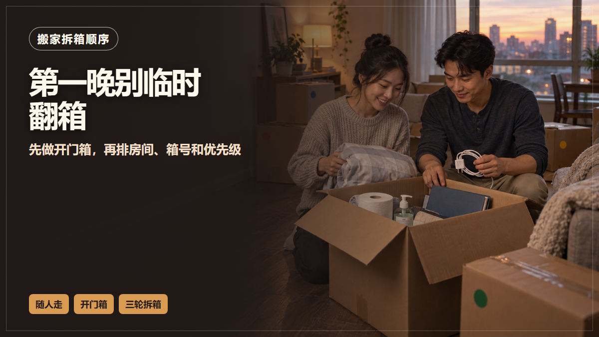 华裔伴侣在北美公寓搬家当晚打开装有寝具、充电线和卫生用品的开门箱，AI场景示意，非现场实拍