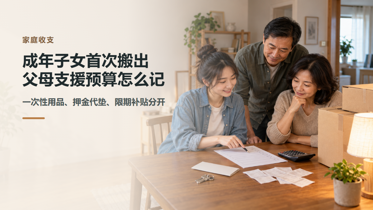 成年子女准备首次搬出时与父母在餐桌旁核对清单、收据和搬家纸箱的AI场景示意
