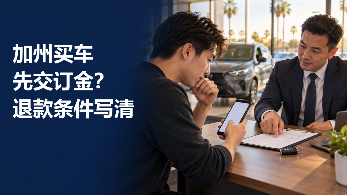 买家在车行柜台看手机,销售指向桌上的纸质文件,旁边有车钥匙;封面文字为“加州买车 先交订金? 退款条件写清”