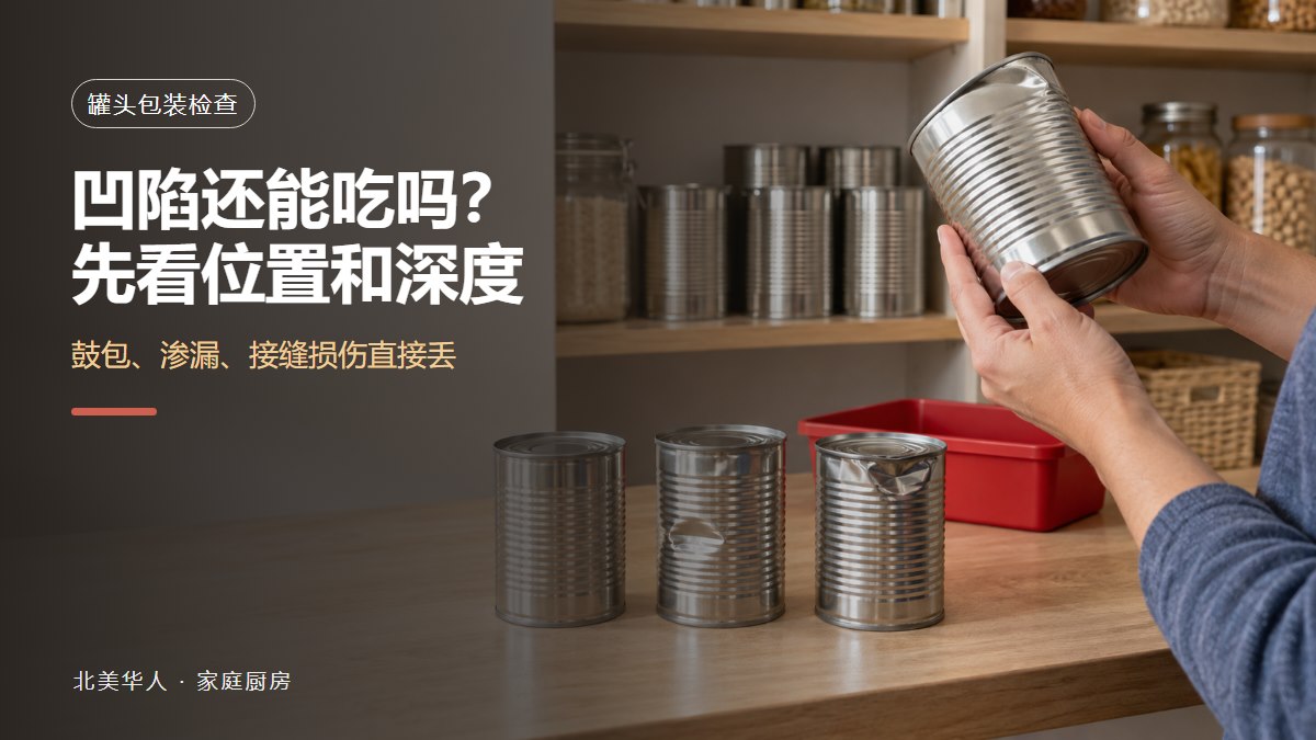 家庭储藏室台面上摆着完整、轻微凹陷和接缝严重凹陷的无品牌罐头，一双手正在检查其中一罐