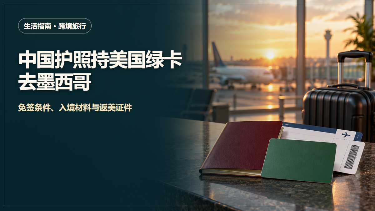 机场候机区桌上摆着无字护照、绿色居留卡和登机牌示意物，旁边是登机箱