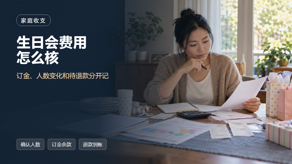 一位华人家长在家中核对孩子生日会邀请人数、场地报价、用品订单和付款记录的AI场景示意