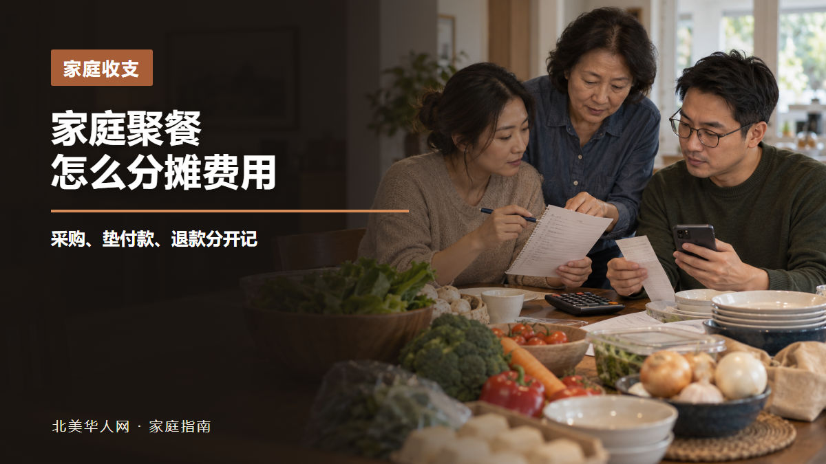三位家人在餐桌旁核对聚餐采购清单、收据和手机记录的AI场景示意