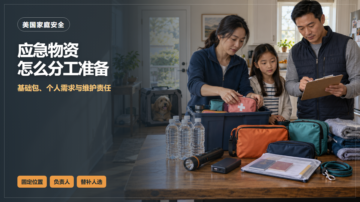 两位成人和一个孩子在厨房餐桌旁整理家庭应急箱与成员专用小包，门边放着狗和宠物运输笼