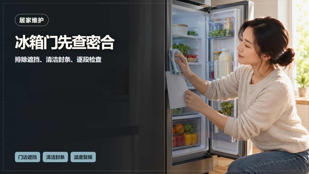 一名华裔成年人在普通北美住宅厨房用软布清洁冰箱门封条，并用白纸逐段检查密合情况，AI场景示意，非现场实拍