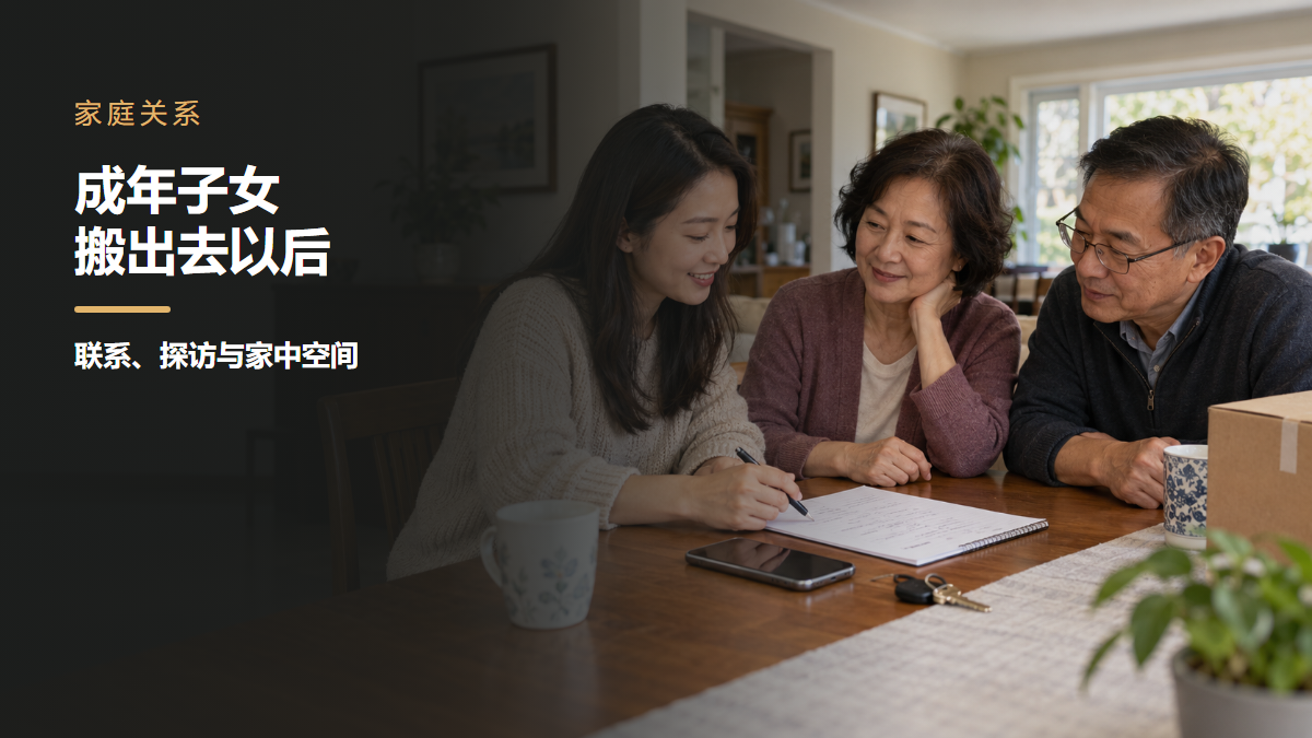 成年女儿搬出家后与父母坐在餐桌旁一起确认联系和探访安排