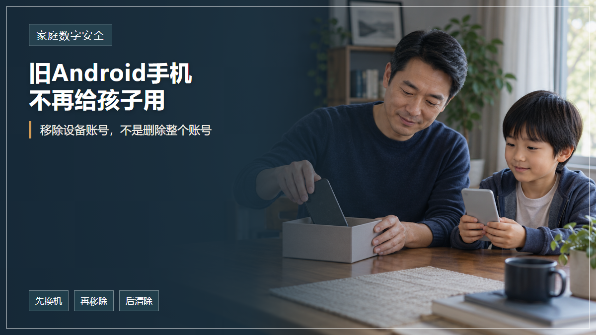 封面文字说明旧Android手机不再给孩子用时要分清移除Family Link账号和删除Google账号，一位华人父亲与孩子在家中整理两部手机