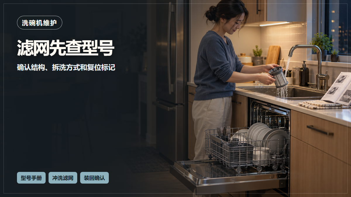 一名华裔成年人在普通北美住宅厨房按说明书冲洗可拆式洗碗机滤网，洗碗机门打开且下层碗篮已拉出，AI场景示意，非现场实拍