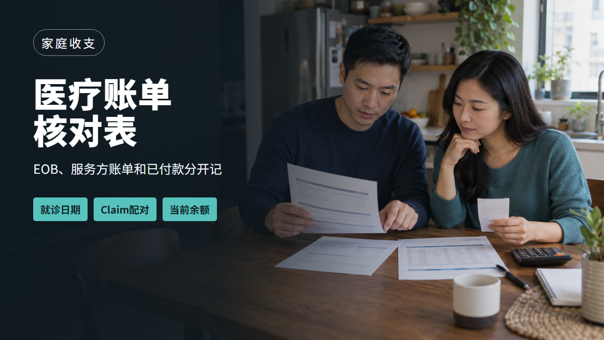 一对华人伴侣在美国家中餐桌旁对照通用EOB、医疗账单和付款收据的AI场景示意