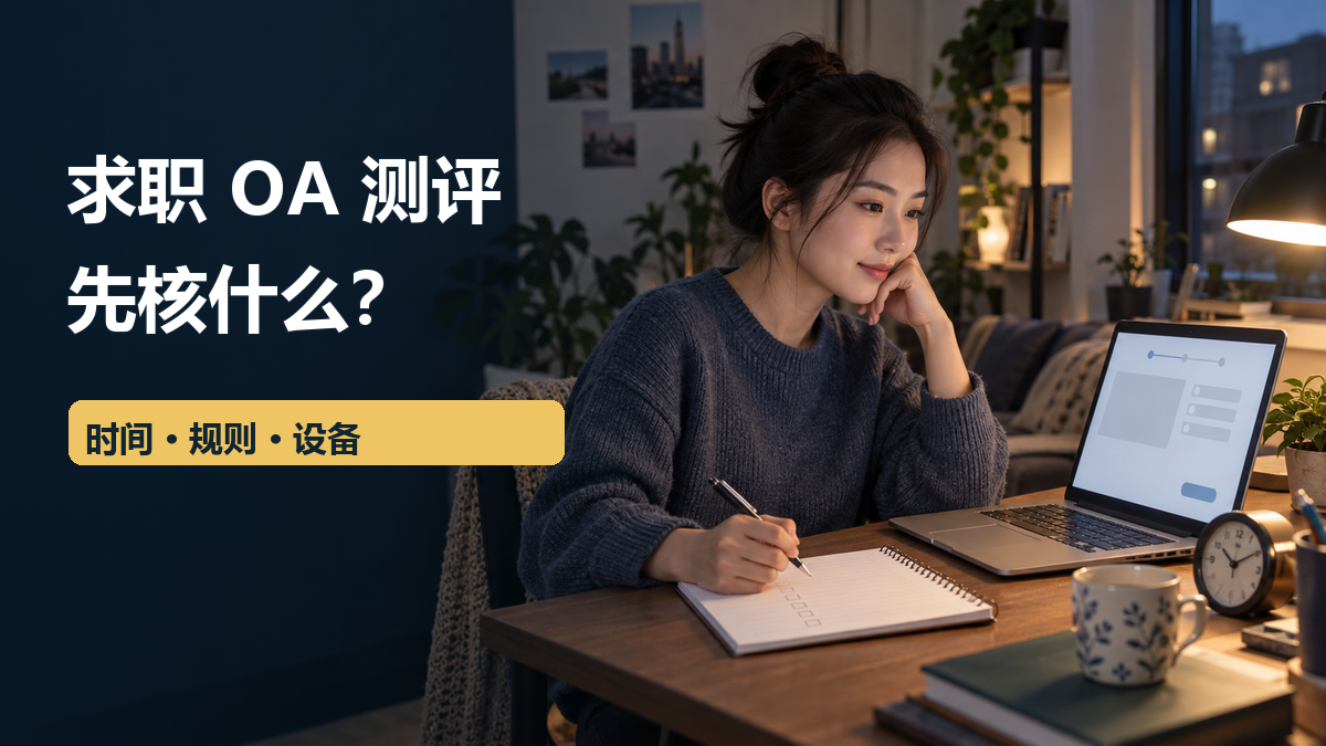 求职者在家中电脑前准备在线测评，桌上有笔记和时钟；封面文字为“求职OA测评 先核什么？”