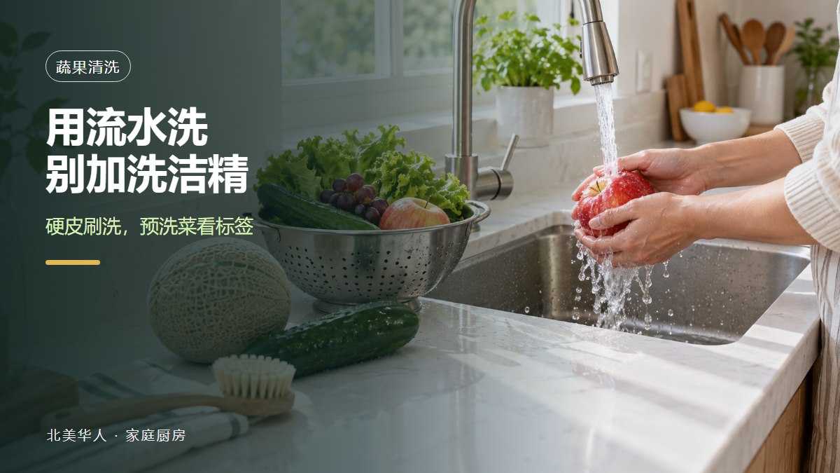 北美家庭厨房水槽前，一双手正在流动自来水下揉洗苹果，旁边放着蔬菜水果和干净蔬果刷