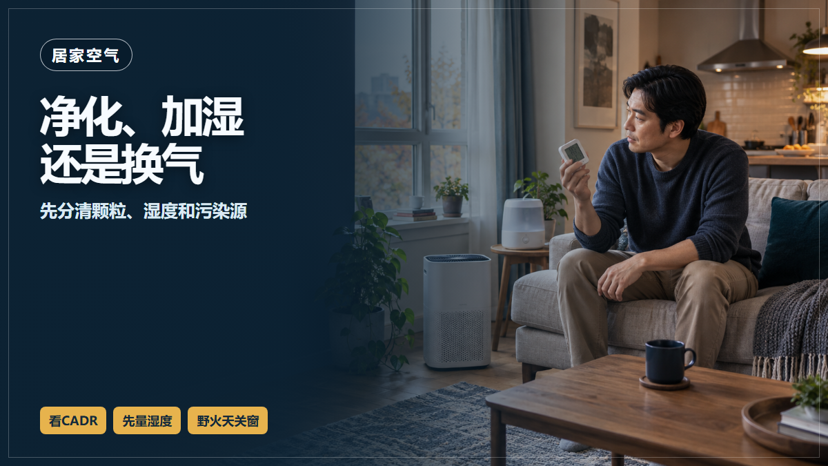 华裔住户在北美公寓客厅查看温湿度计，旁边放有空气净化器和加湿器的AI场景示意，非现场实拍