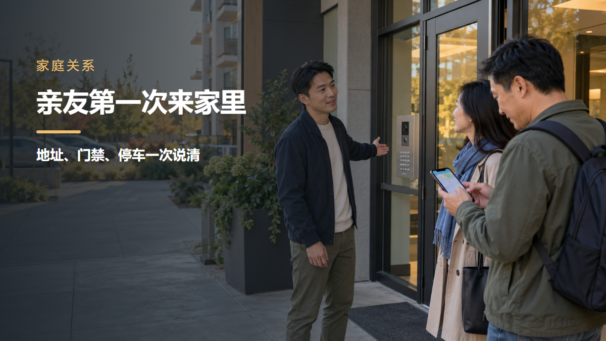 三名亚裔成年亲友在北美公寓入口核对手机地图、门禁和访客停车信息
