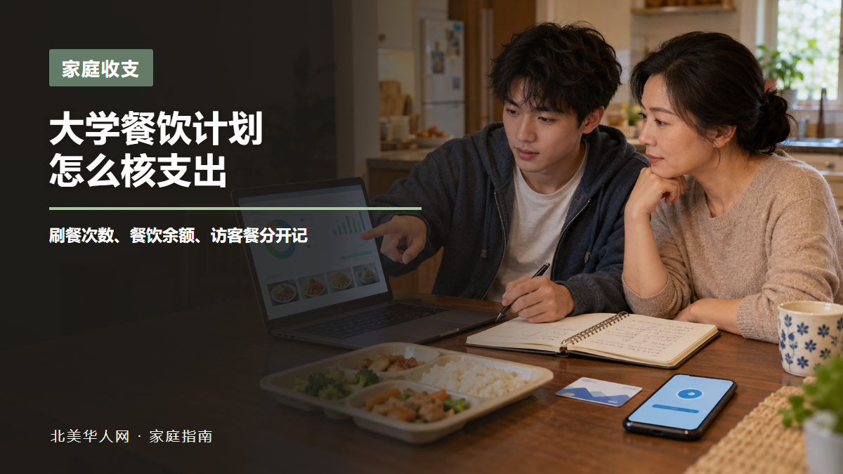 一位华人家长和大学生在家核对校内餐饮计划余额、餐卡和家庭支出记录的AI场景示意