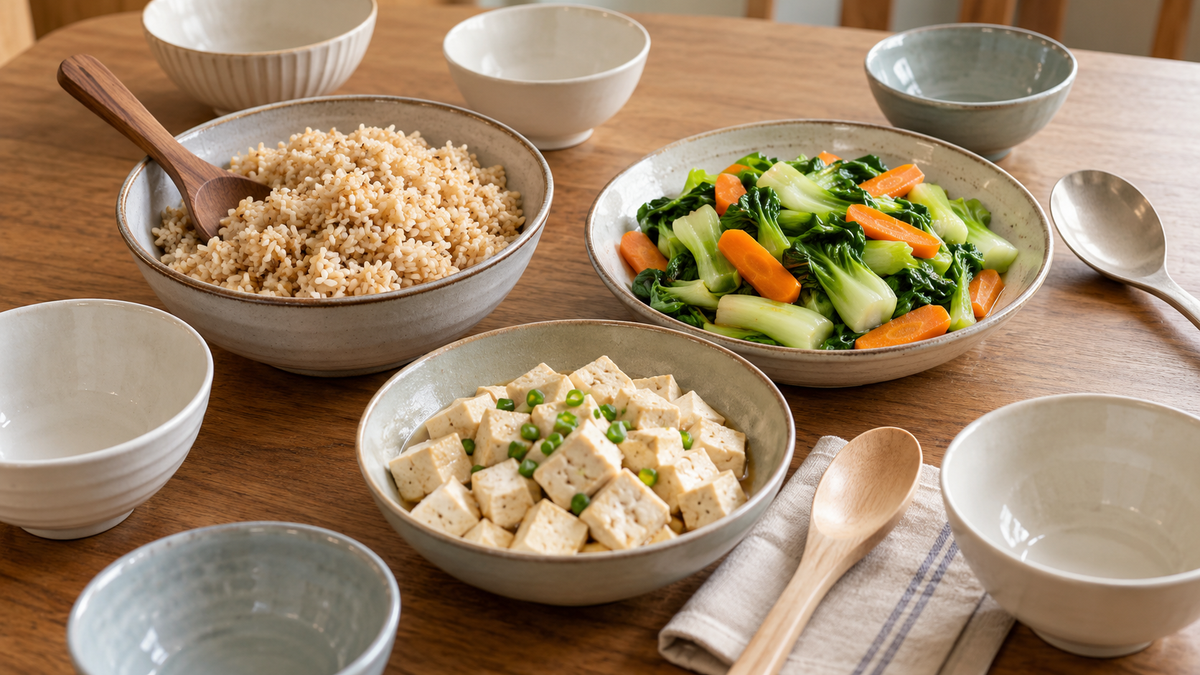 餐桌上分别盛放的熟蔬菜、豆腐和米饭,旁边摆着不同大小的餐碗