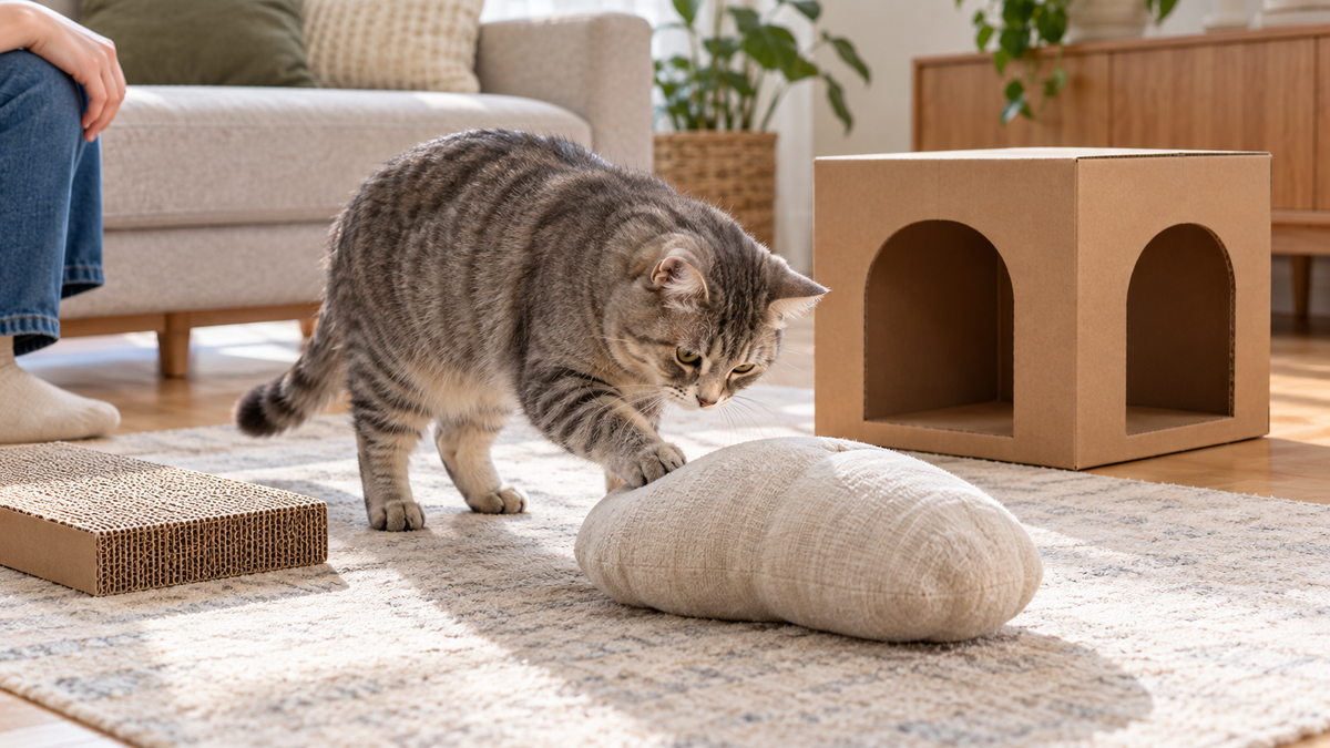 成年虎斑猫用爪触碰布制物件，旁边分开放着纸箱躲藏处与抓板