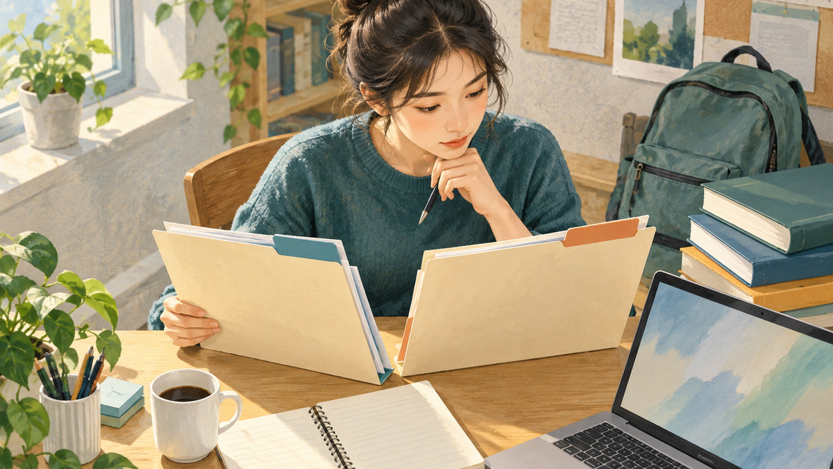 一名年轻女性在书桌前查看两个不同颜色标签的文件夹，旁边放着笔记本电脑、书本和背包