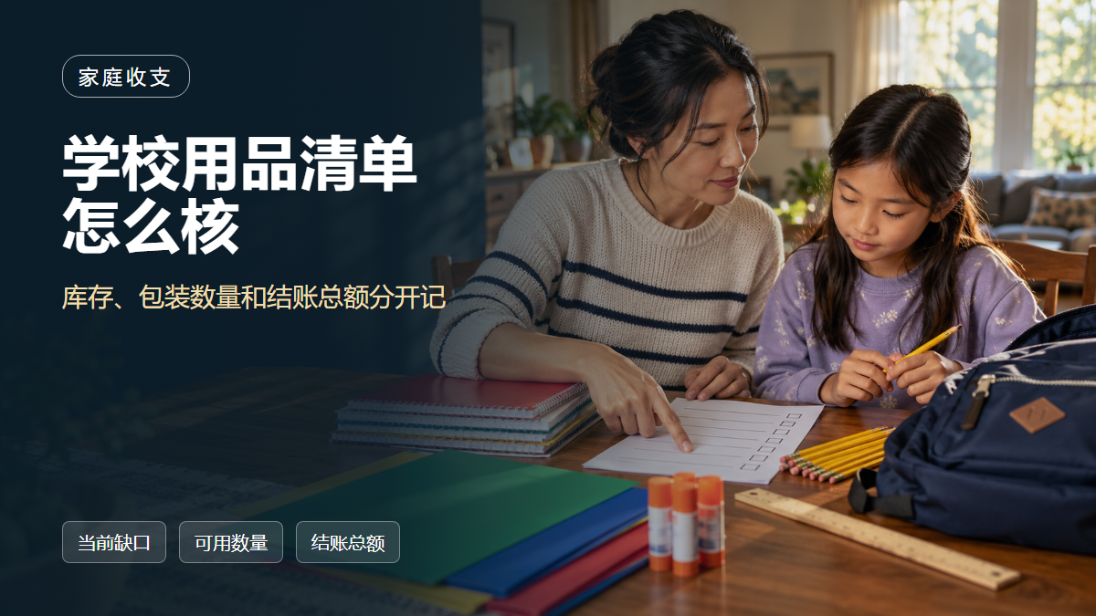 一位华人家长和孩子在美国家中核对学校用品清单、文具库存和购物记录的AI场景示意