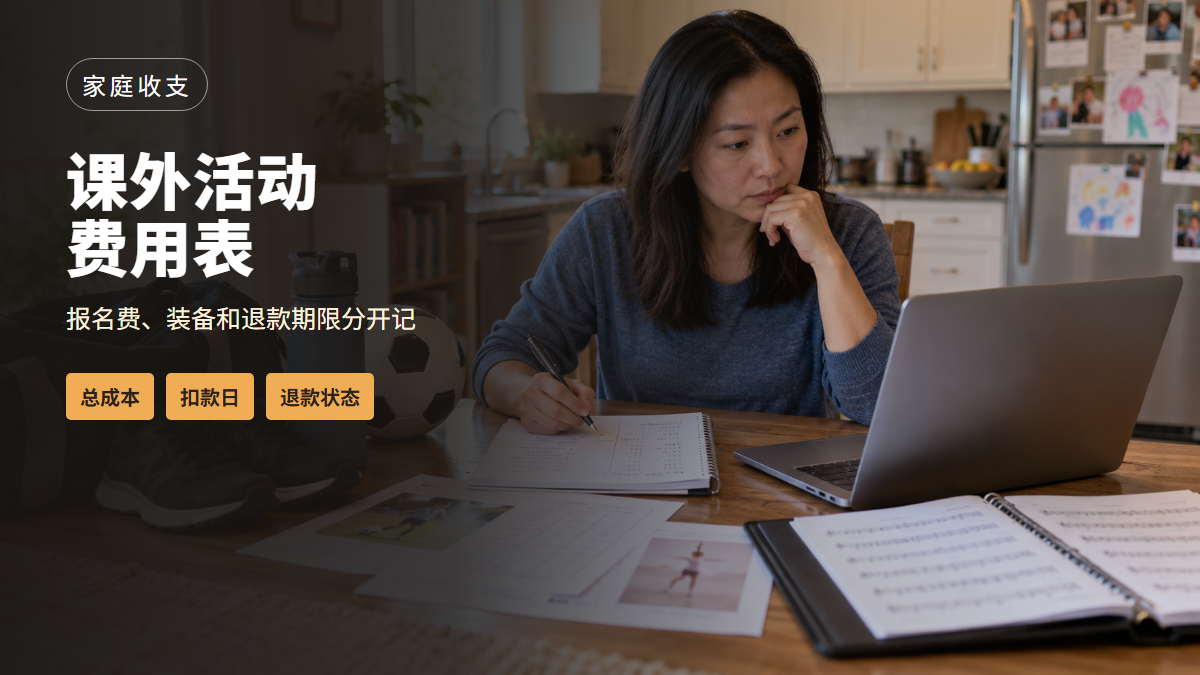 一位华人家长在美国家中核对孩子课外活动报名费、装备和后续扣款的AI场景示意