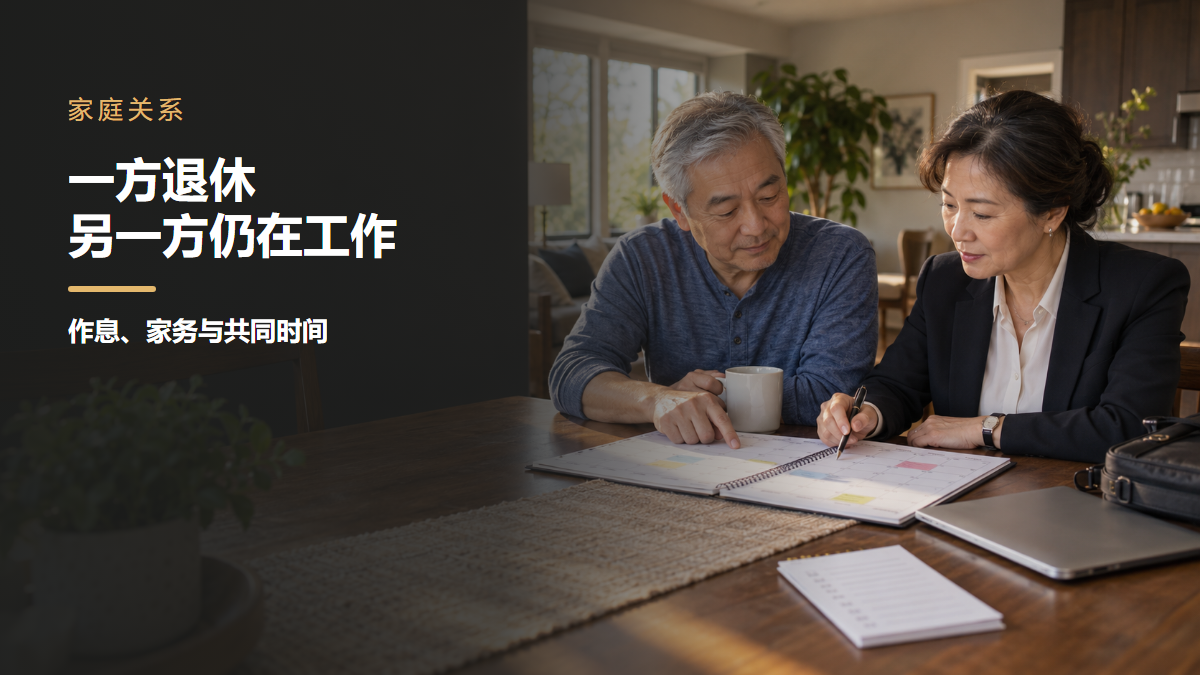 已经退休的丈夫和仍在工作的妻子在家中餐桌旁一起查看每周日程和家务安排