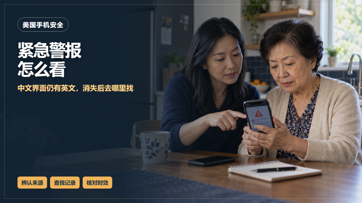 华人母女坐在家中餐桌旁，一起查看手机上的通用紧急警报图标