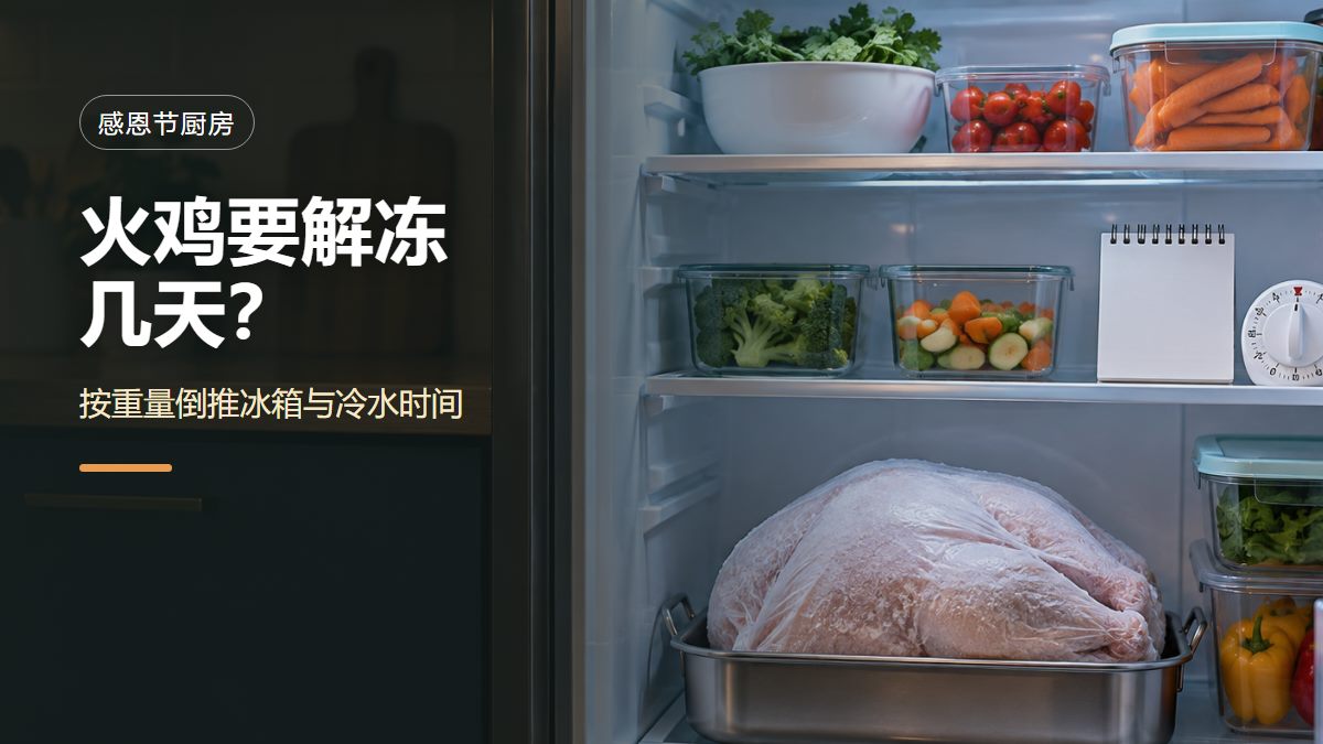 一只仍带包装的冷冻整火鸡放在冰箱底层的有边烤盘中,准备按重量冷藏解冻